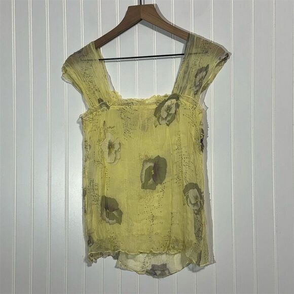 Misomiso Yellow Sheer Beaded Floral Top L 100% Silk Fairycore Romantic NWT - Picture 4 of 11